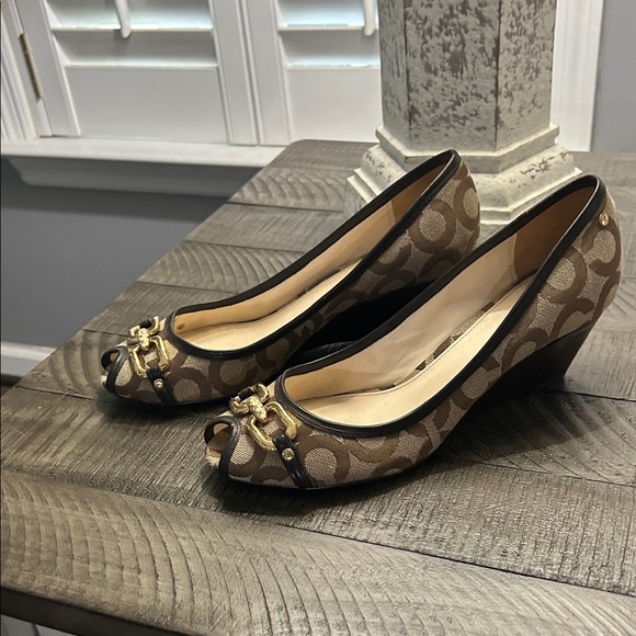 Coach Tan and Black Peep Toe Wedges - Picture 1 of 5